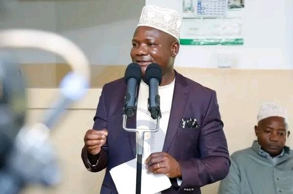 Kakamega Governor Fernandes Barasa addressing Muslim faithfuls at the Lugari station mosque during Eid celebrations on April 10, 2024