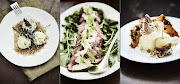 Caterer Maia du Plessis' three-course Italian feast. From left: spinach and ricotta malfatti; beef fillet with tonnato; and honey semifreddo with Italian meringue.