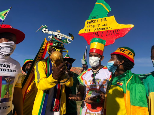 South African and Ethiopian fans outside the FNB Stadium in Soweto on Tuesday ahead of a crucial World Cup qualifying match. While the result matters, many fans are delighted to be watching a game live for the first time in 20 months.