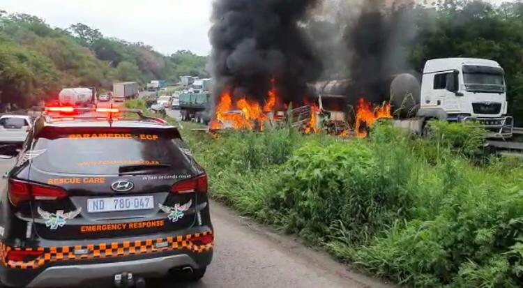 A tanker burst into flames on Wednesday morning after a multiple-vehicle pile-up.