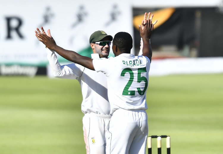 Kagiso Rabada of South Africa celebrates the dismissal of Virat Kohli of India on day one of the third Test at Newlands in Cape Town on January 11 2022.