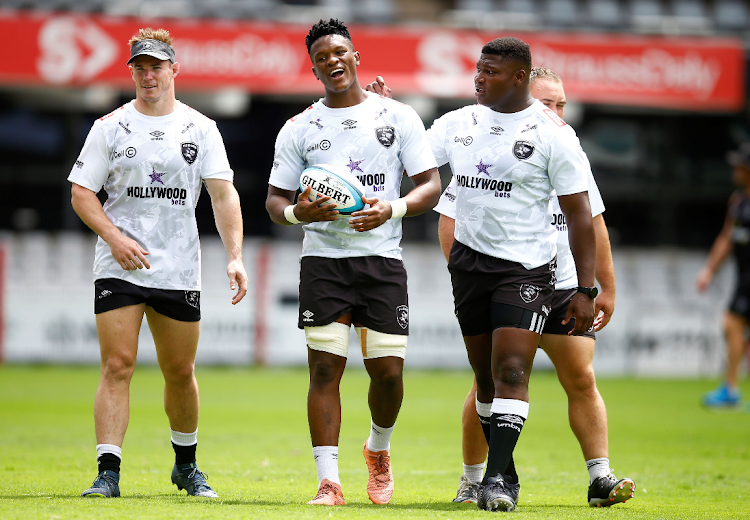 Sharks player (from left) James Venter, Phepsi Buthelezi and Nthuthuko Mchunu during the captain's run at Kings Park Stadium on January 05, 2024.