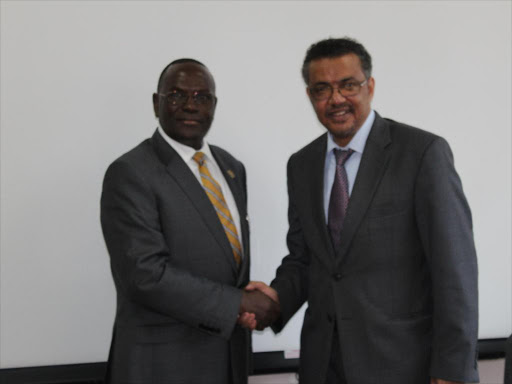 Ethiopia's Minister of Foreign Affairs Dr Tedros Adhanom Ghebreyesus (right) and Health CS Cleopa Mailu in Addis Ababa, August 22, 2016 /FILE