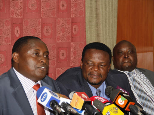 South Mugirango mp Charles Monga're Geni,Sirisia Mp John Waluke and Nakuru Town West MP Samuel Arama during a press conference.Photo/FILE