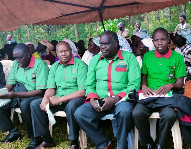 KNUT first vice national chairman Malel Langat (second left) with other officials during the funeral of a former official in Nandi on February 27, 2024.