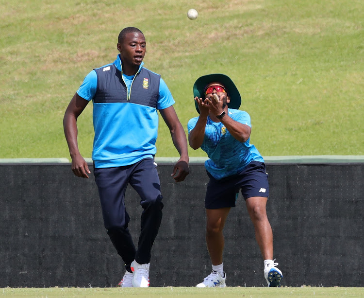 Captain Temba Bavuma (R) and Kagiso Rabada (L) during a training session at SuperSport Park in Centurion on March 30 2021.