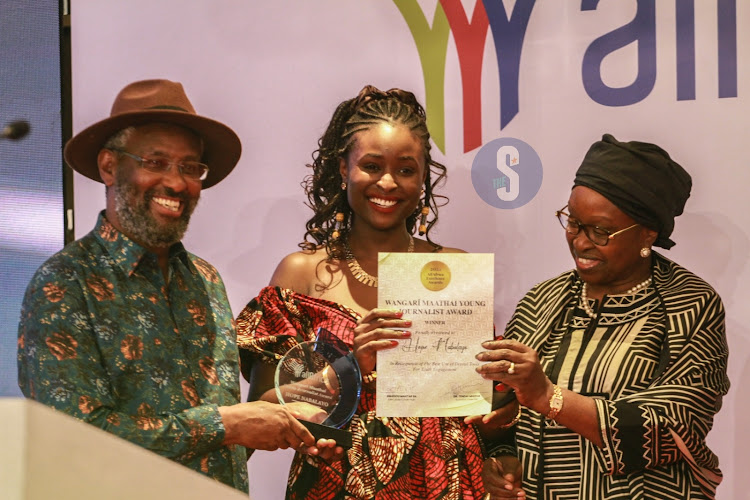 University Of Nairobi Vice Chancellor Prof Stephen Kiama, Wangari Maathai Young Journalist Award winner Hope Nabalayo with Special Envoy of the Chairperson of the African Union Commission on Women, Peace and Security uring the AllAfrica Gala Dinner and Excellence Award Ceremony at Glee Hotel in Runda, Nairobi on May 9, 2024