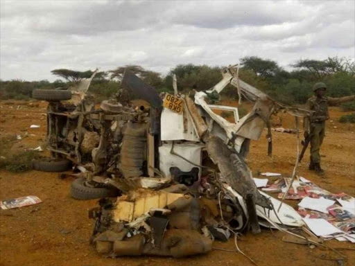 The wreckage of the vehicle in Mandera Governor Ali Roba's convoy, that ran over an IED in Lafey, May 24, 2017. /STEPHEN ASTARIKO