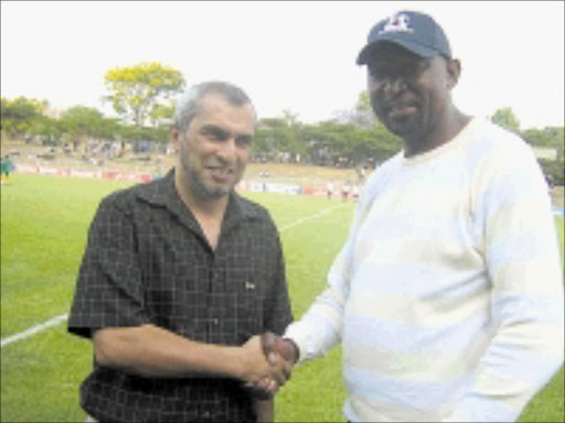 PARTNERS: Maritzburg United's chairman Farouk Kadodia and the club's PRO Brian Zuma. Cicra 2008. Pic. Ramatsiyi Moholoa. © Sowetan Business Day Law & Tax Review. 14/04/2009. Pg 12.