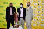 Motsepe Foundation Peter Ledwaba (left) ,Adv Tebogo Motlanthe (centre) is the new acting CEO of Safa and Safa vice Gladwin White (right) during the 2020 ABC Motsepe League National Play-Offs Draw at SAFA House, on October 15, 2020 in Johannesburg. 