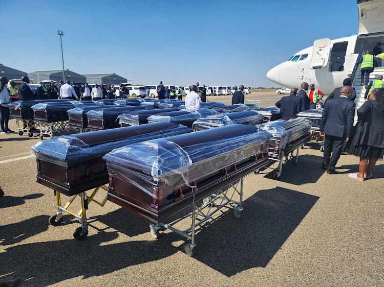 These coffins contain the remains of 45 people who were killed in a bus accident in Limpopo on March 28. The remains were being repatriated from Polokwane International Airport to Botswana on Tuesday.