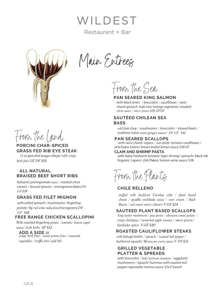 Wildest Restaurant & Bar gluten-free menu