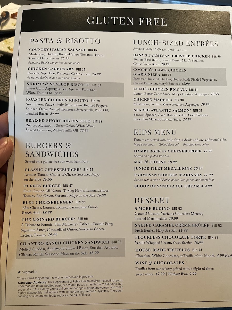 Cooper's Hawk gluten-free menu