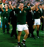 James Small celebrates during the Rugby World Cup final on June 24 1995 at Ellis Park Stadium in Johannesburg.