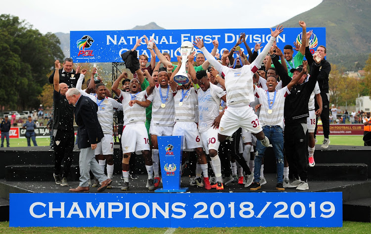Stellenbosch FC celebrate after winning promotion to the Absa Premiership on May 5 2019.