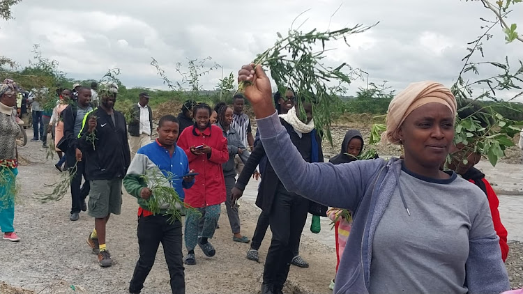 Residents protest against poor state of Devki-Kinanie-Joska road and bridge in Mavoko, Machakos County, on May 10, 2024.