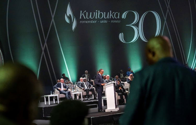 Rwanda's President Paul Kagame speaks at a commemoration event at the BK arena during the start of 100 days of remembrance, as Rwanda commemorates the 30th anniversary known as "Kwibuka" (Remembering), to commemorate the 1994 Genocide. Picture: JEAN BIZIMANA