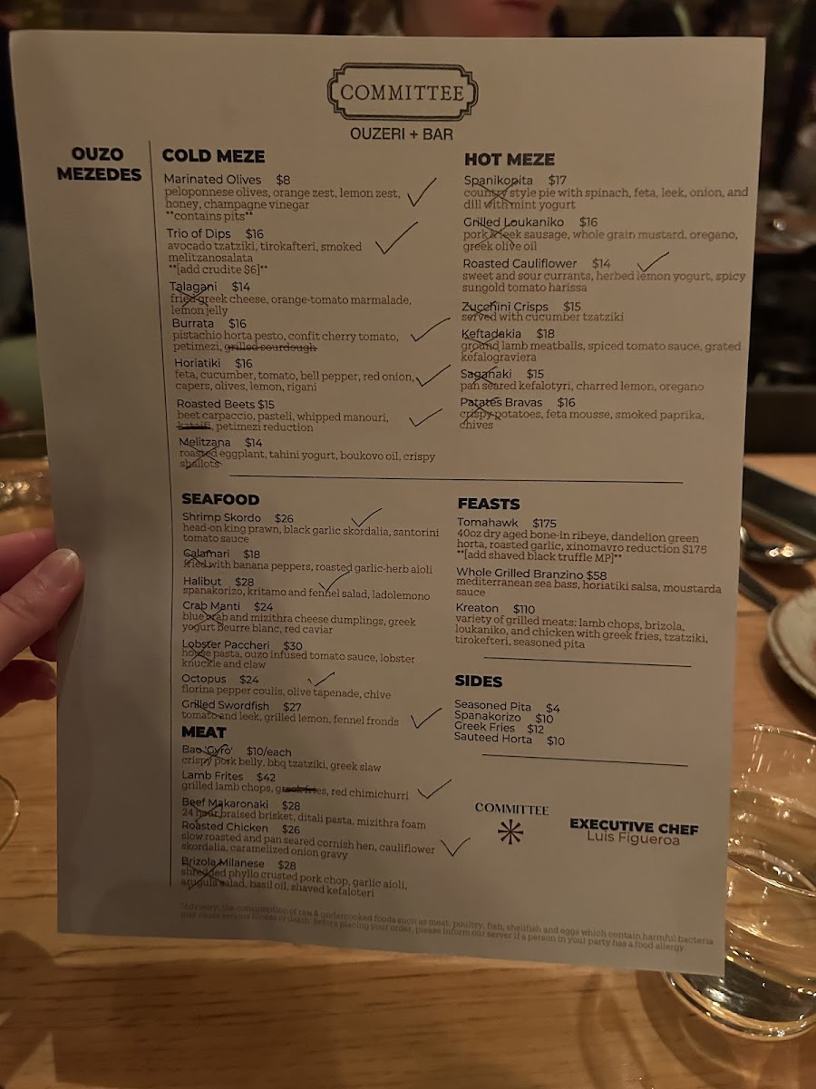 Committee gluten-free menu