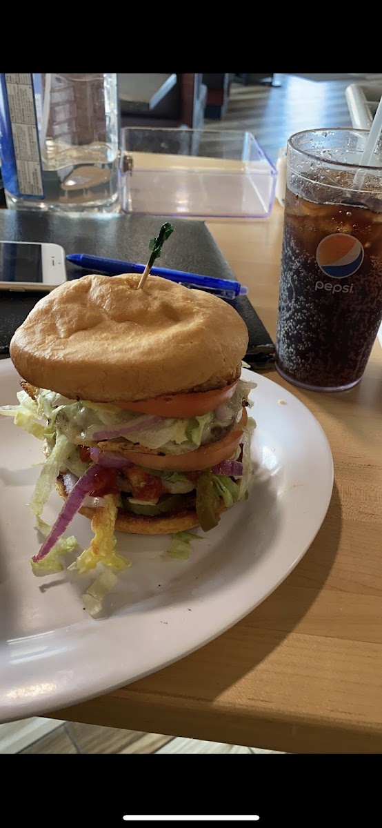 Double stacked burger with a gluten-free bun Made separately Celiac safe