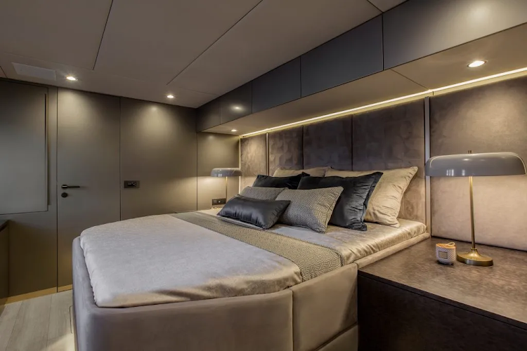 The master suite of a standard vessel is full of natural colours.