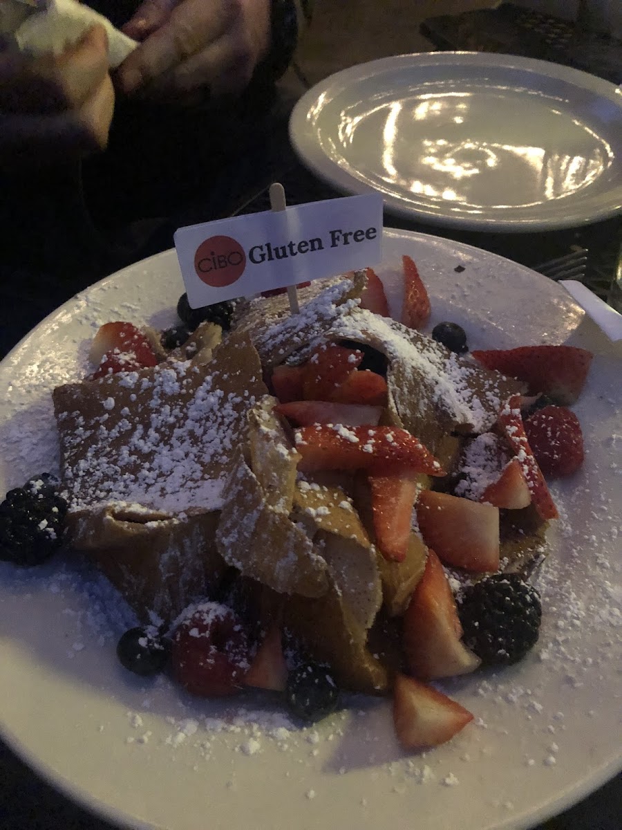 A GF crepe with berries and mascarpone. Wonderful way to end a meal. So large you have to share!