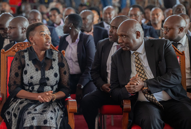 First Lady Rachel Ruto and Former Narok Governor Samwel Tunai during the funeral service of Mama Annah Tikui Noolparakuo Tunai in Lolgorian, Narok on March 18, 2024
