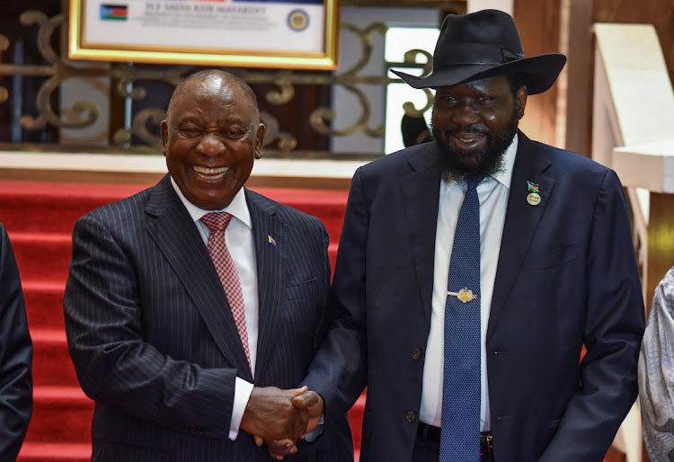 President Cyril Ramaphosa and South Sudan’s President Salva Kiir in Juba, South Sudan, on April 18. Picture: REUTERS/SAMIR BOL