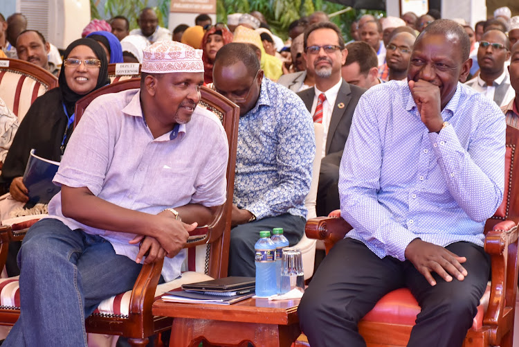 Deputy President William Ruto with National Assembly Aden Duale Aden during the Pastoralists Leadership Summit 2019 in Garissa.