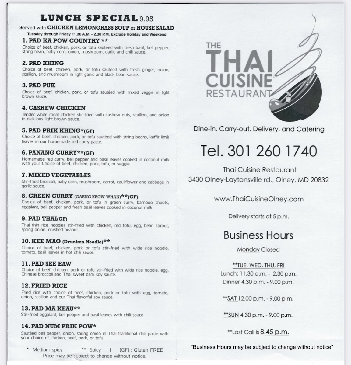 Thai Cuisine gluten-free menu