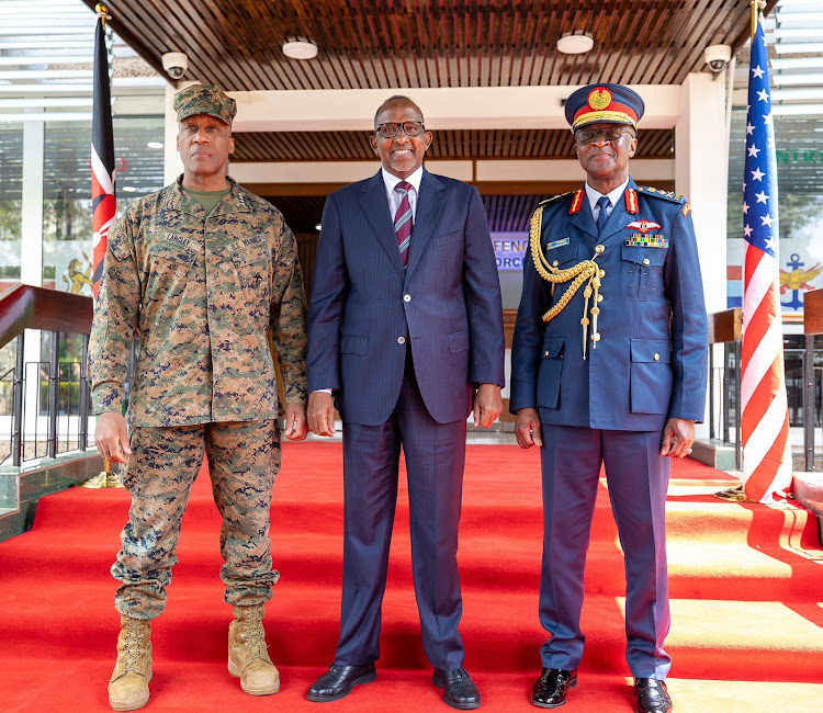 General Michael Langley, the Combatant Commander of the US Africa Command (AFRICOM) , Cabinet Secretary for Defence Aden Duale and Chief of Defence Force Francis Ogolla at the Defence Headquarters in Nairobi in January 23, 2024.