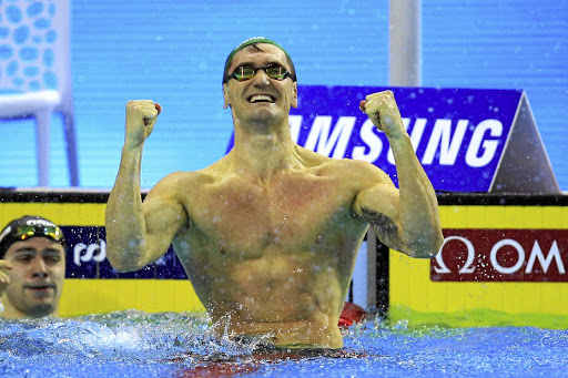 Cameron van der Burgh celebrates winning the 100m breaststroke final at the world short-course championships in China in 2018.