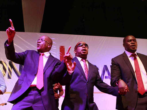 Polycarp Igathe, Mike Sonko and Johnson Sakaja during the launch of the Nairobi county manifesto ahead of the August 8 general election, July 23, 2017. /Monicah Mwangi