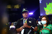 ANC head of elections Fikile Mbalula stands next to ANC deputy secretary-general Jessie Duarte as he addresses the media at the IEC results centre on Wednesday November 3 2021.