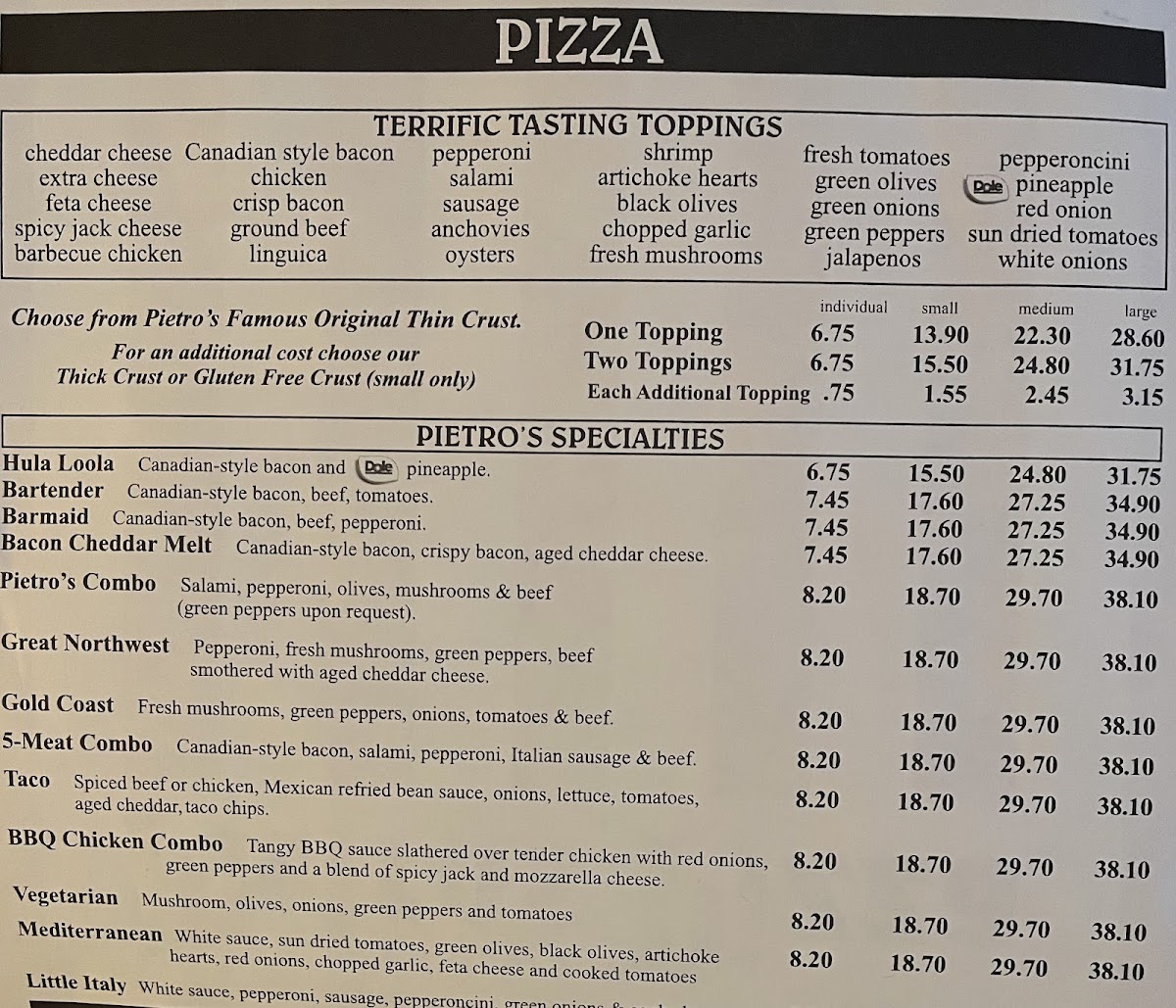 Pietro's Pizza gluten-free menu