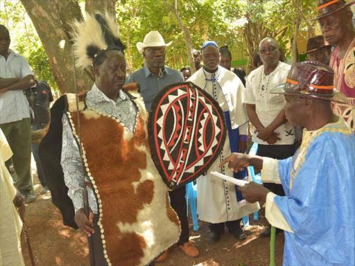 ODM leader Raila Odinga being crowned as the Luo elder at Got Ramogi where he was also blessed as the presidential candidate to battle it out with Jubilee in 2017, November 26, 2017./LAMECK BARAZA