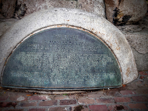 THAT THE WESTMAY REMEMBER THEODORE DEHONE JUDAH, PIONEER, CIVIL ENGINEER, AND TIRELESS ADVOCATEOF A GREAT TRANSCONTINENTAL RAILROAD --AMERICA'S FIRST-- THIS MONUMENT WAS ERECTED BY THE MEN AND...