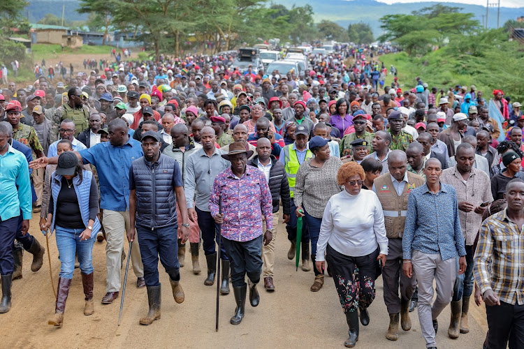 Nakuru Governor Susan Kihika, Transport CS Kipchumba Murkomen, Deputy President Rigathi Gachagua among other leaders when the DP visited Mai Mahiu landslide victims on April 29, 2024.