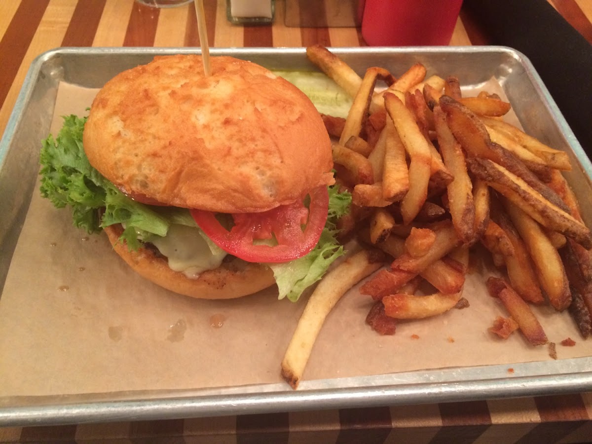 1/2 pounds burger with pepper jack cheese and French fries! And of course a gluten free bun that was very moist and did not fall a part :)