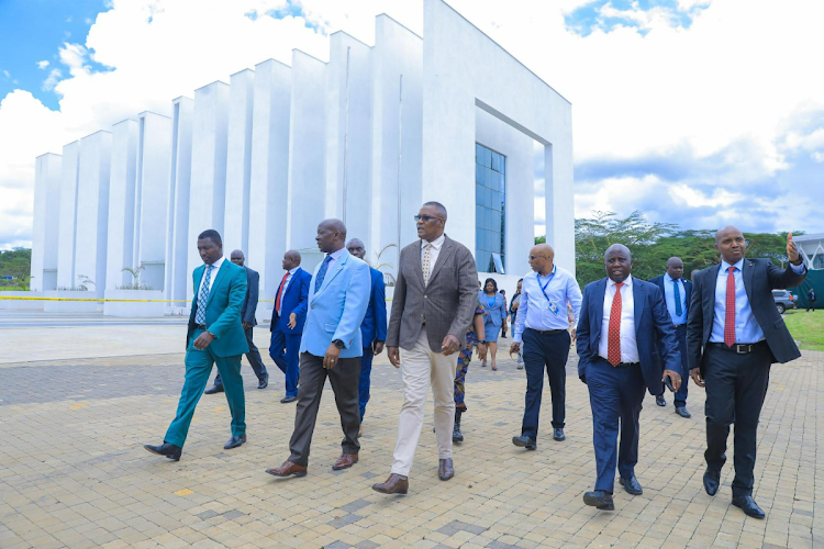 ICT and Digital Economy CS Eliud Owalo and PS John Tanui alongside other government officials conducting an inspection of Uhuru Gardens national monument and museum ahead of Connected Africa Summit 2024