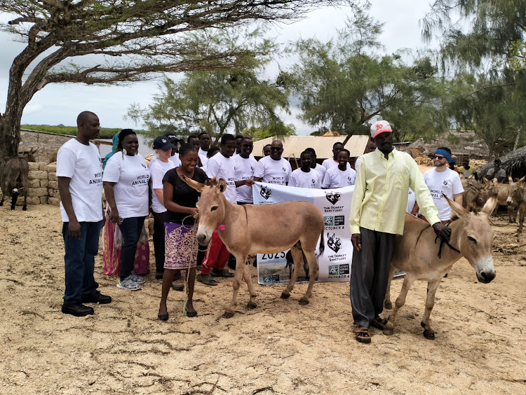 Donkey officials and locals during World Animal Day at Manda-Maweni Village in Lamu County.