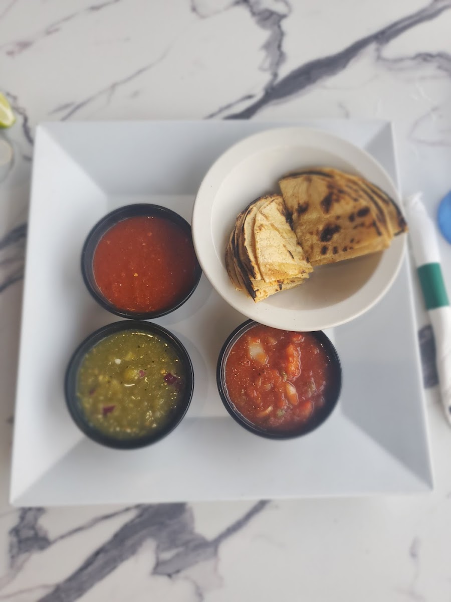 Salsa trio with grilled corn tortillas instead of fried! Soooo good!