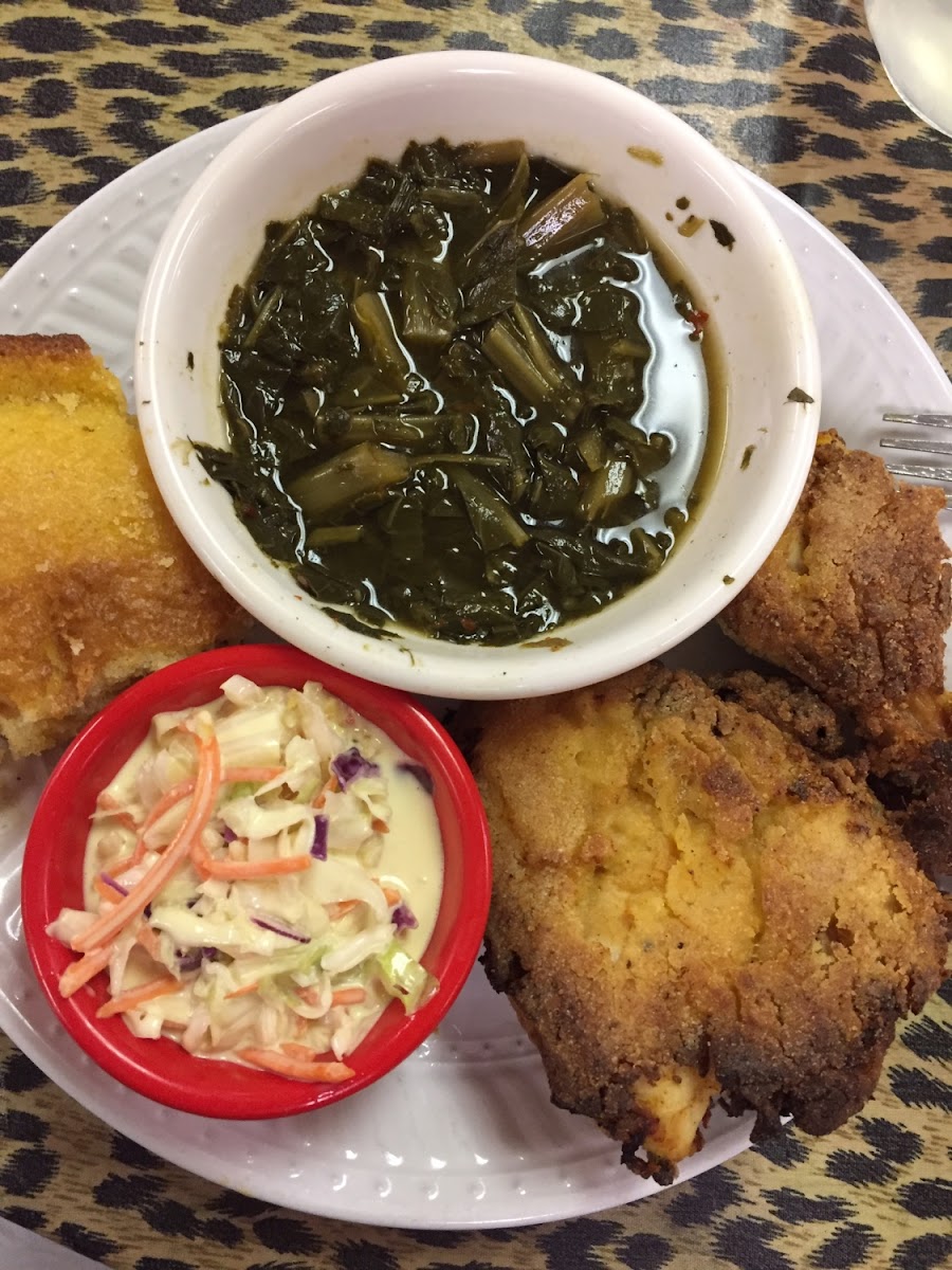 Gluten free oven fried chicken, collard greens, and coleslaw. (cornbread is not GF but was placed on my plate by accident)