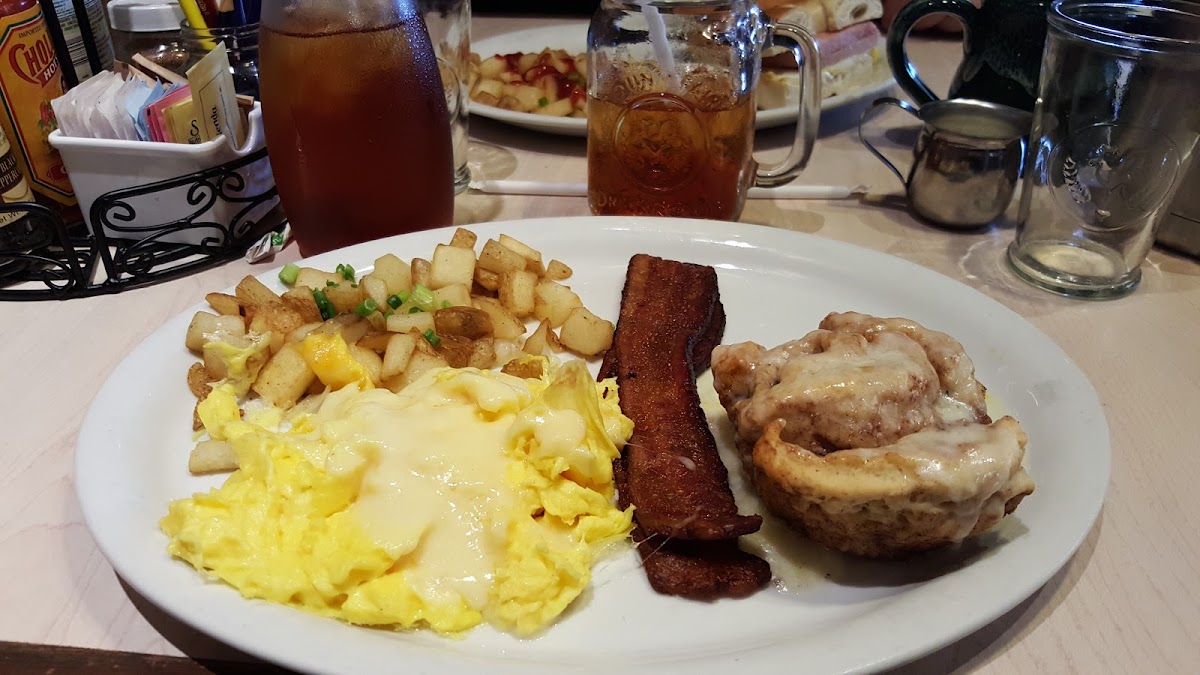 G.F. Cinnamon Roll Breakfast with eggs, harbor potatoes and cherry bacon.  Awesome!!!