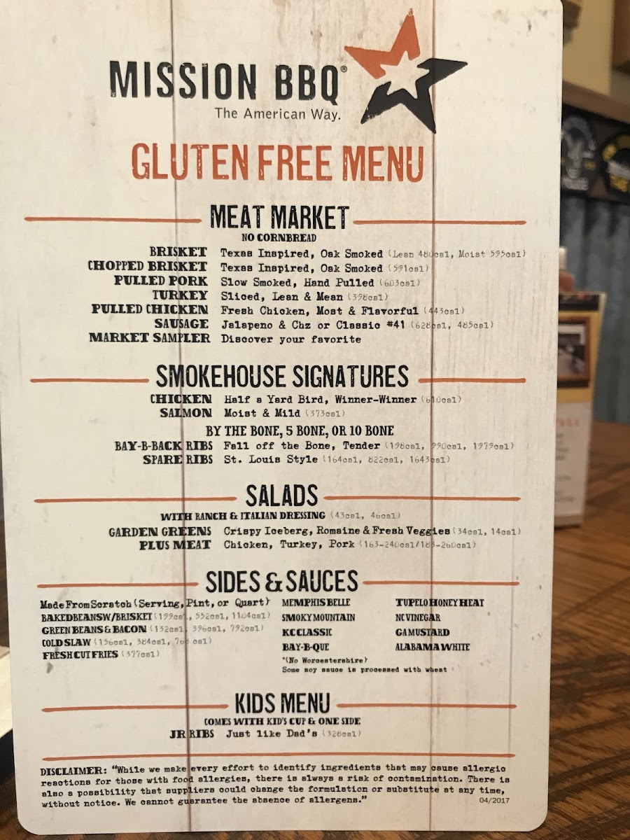 Mission BBQ gluten-free menu