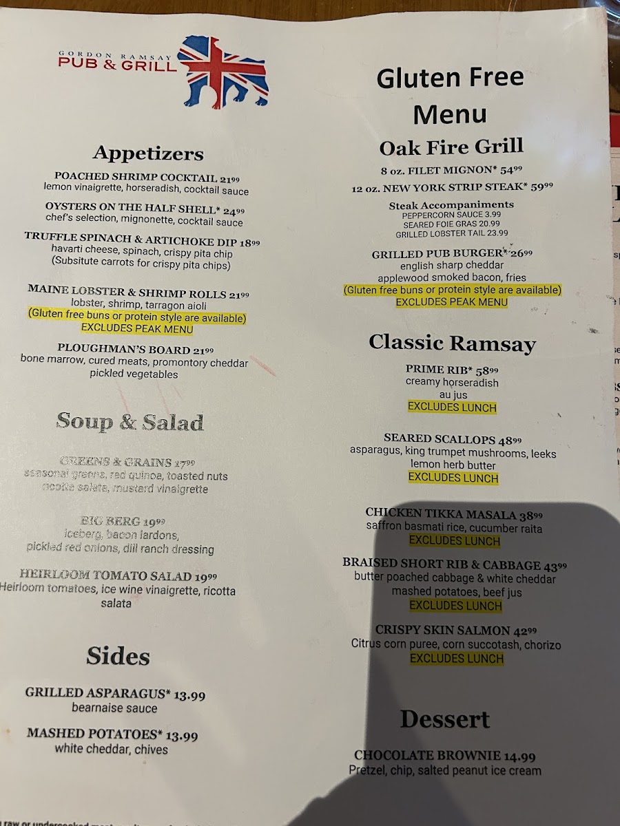Gordon Ramsay Pub & Grill gluten-free menu