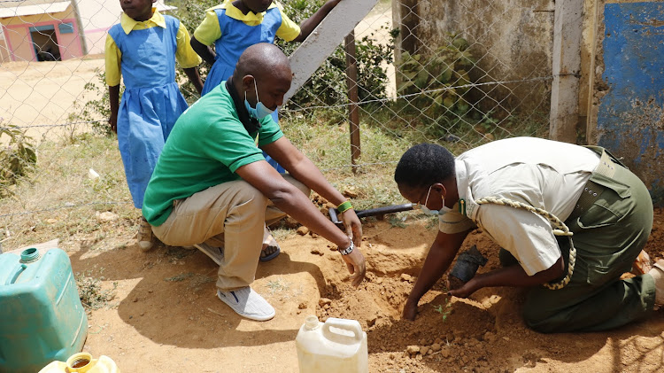 The Kitui county eco-system conservator Joyce Nthuku plants a tree at Kakumuti Primary school in Kitui West subcounty during the commemoration of the would environment day on Saturday.