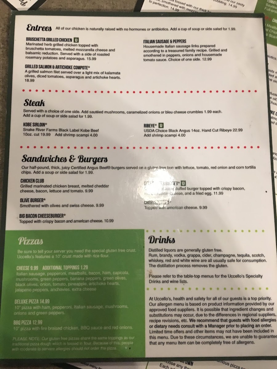 Uccello's Ristorante gluten-free menu