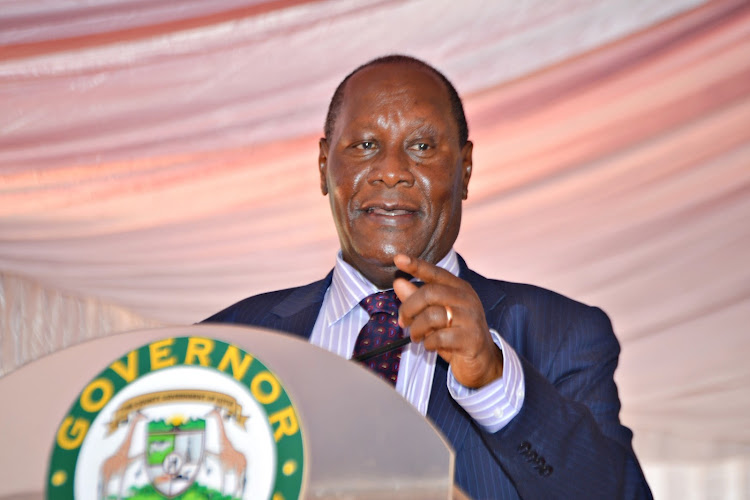 Kitui Governor Julius Malombe speaking when he launched the myCounty App in Kitui on Wednesday.