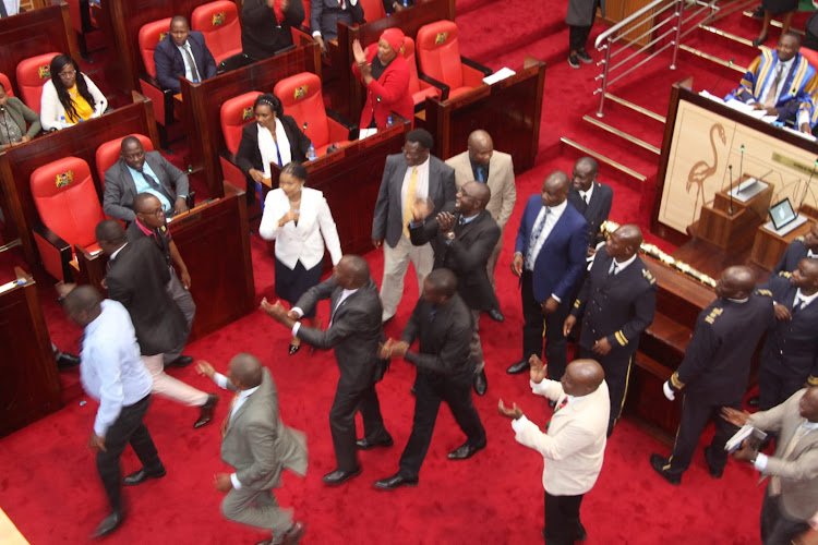 Nakuru County Assembly members on the floor of the House after a motion for the impeachment of County Secretary Dr Samuel Mwaura was dismissed, May 2, 2024.