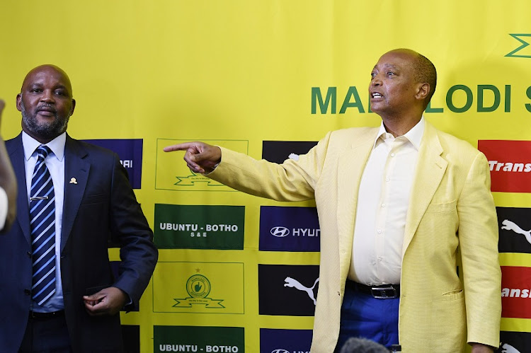 Mamelodi Sundowns coach Pitso Mosimane and Mamelodi Sundowns President Patrice Motsepe during the Mamelodi Sundowns 50th anniversary announcements in Sandton on May 21, 2020 in Johannesburg, South Africa.